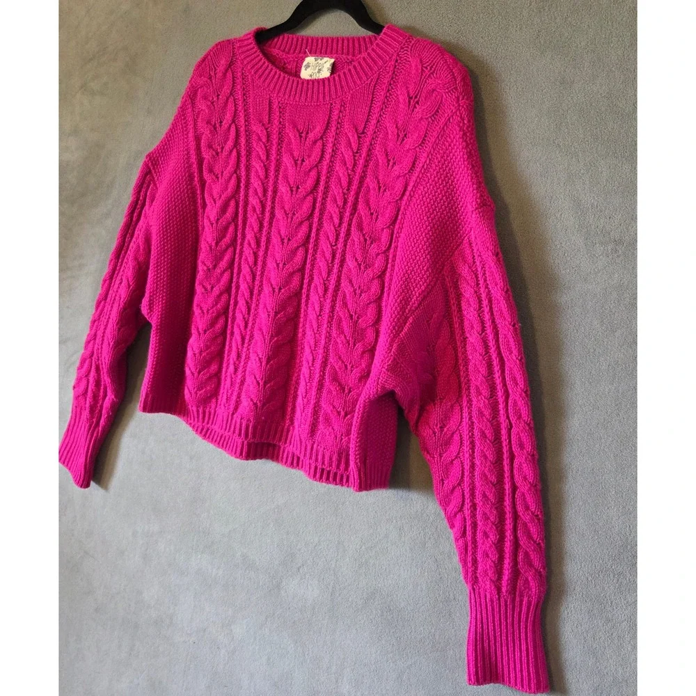 Hippie Rose Cable Knit Sweater Women Medium Pink Cropped Chunky Barbiecore Boho
